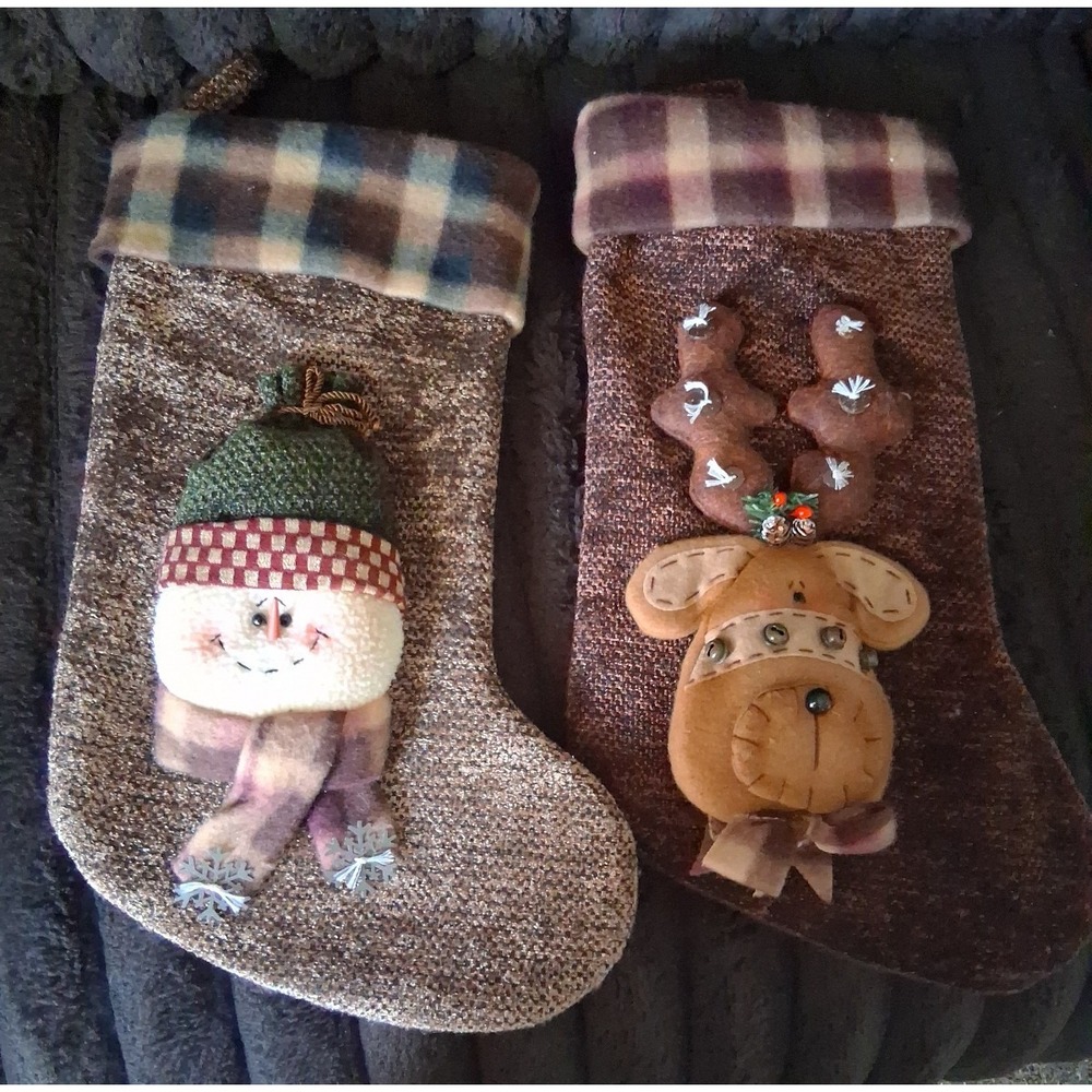 Set of 2 Primitive Christmas Stockings Snowman Reindeer Country Rustic 16"